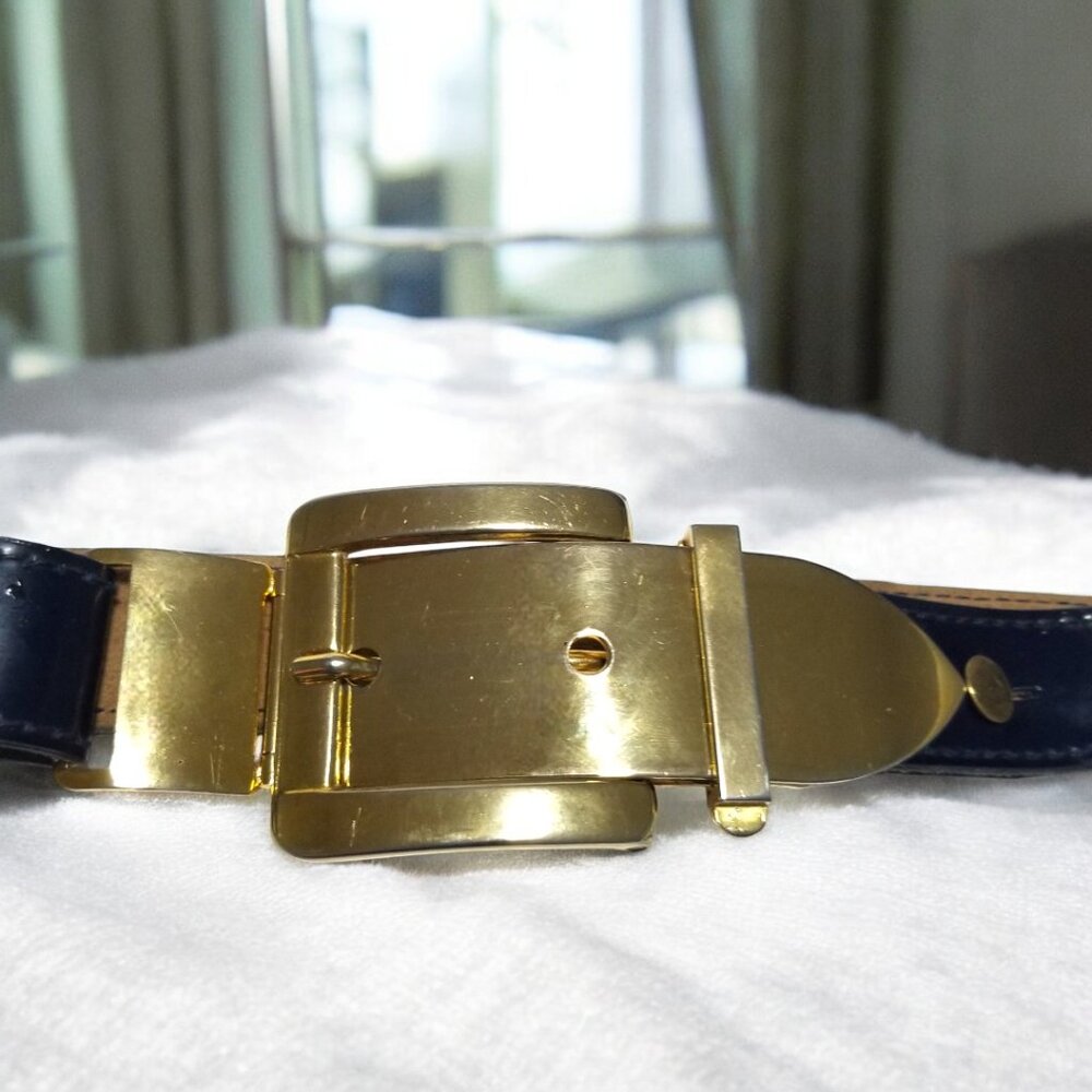 Rare Women’s Art Deco Belt Italian Retro Patent Leather in Blue w/a Gold Buckle - Picture 10 of 13